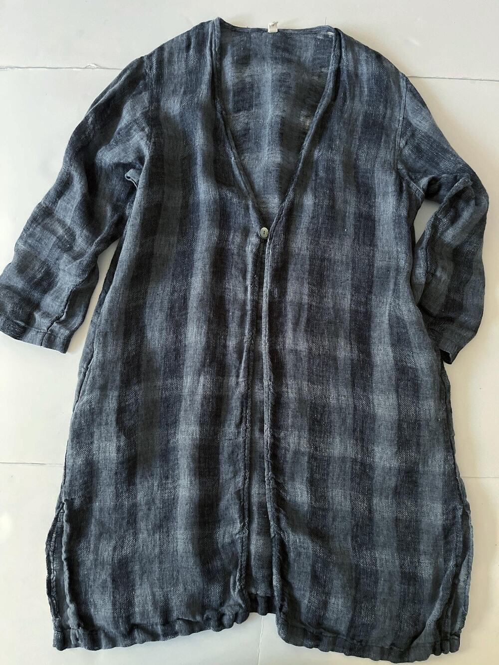 ENFOLD Cardigan Womens 38 Gray Linen Striped Collarless Long Lightweight Pockets
